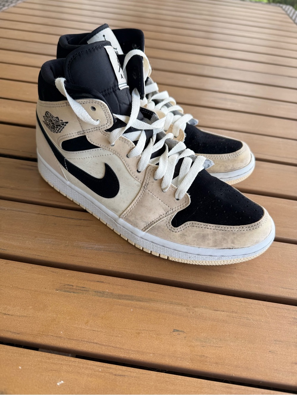 9.5 Air Jordan 1 Mid Top Sneakers in Black & Cream “Barely Orange” 2020